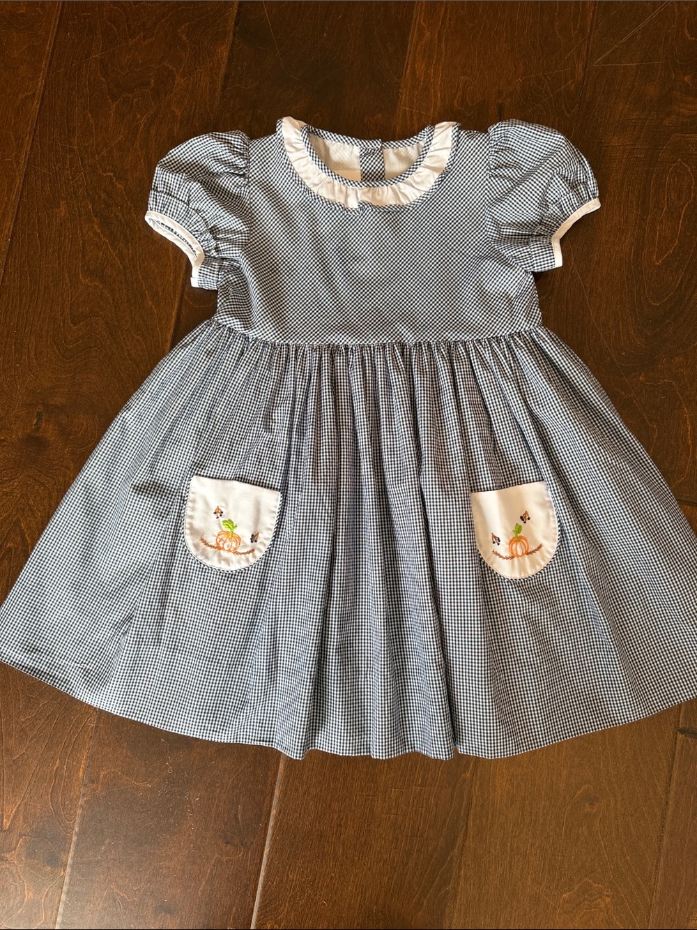 THE PROPER PEONY: Blue Gingham Ruffle Collar Dress with Embroidered Pockets